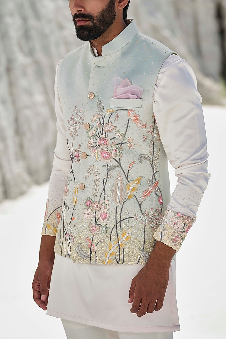 Mint Green Modal Silk Hand Embroidered Bundi Jacket Set by Amrit Dawani at Pernia's Pop Up Shop