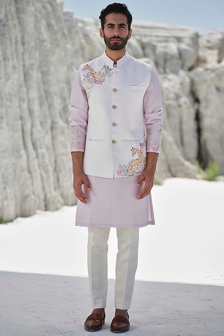 Ivory Modal Bead Embroidered Bundi Jacket Set by Amrit Dawani at Pernia's Pop Up Shop