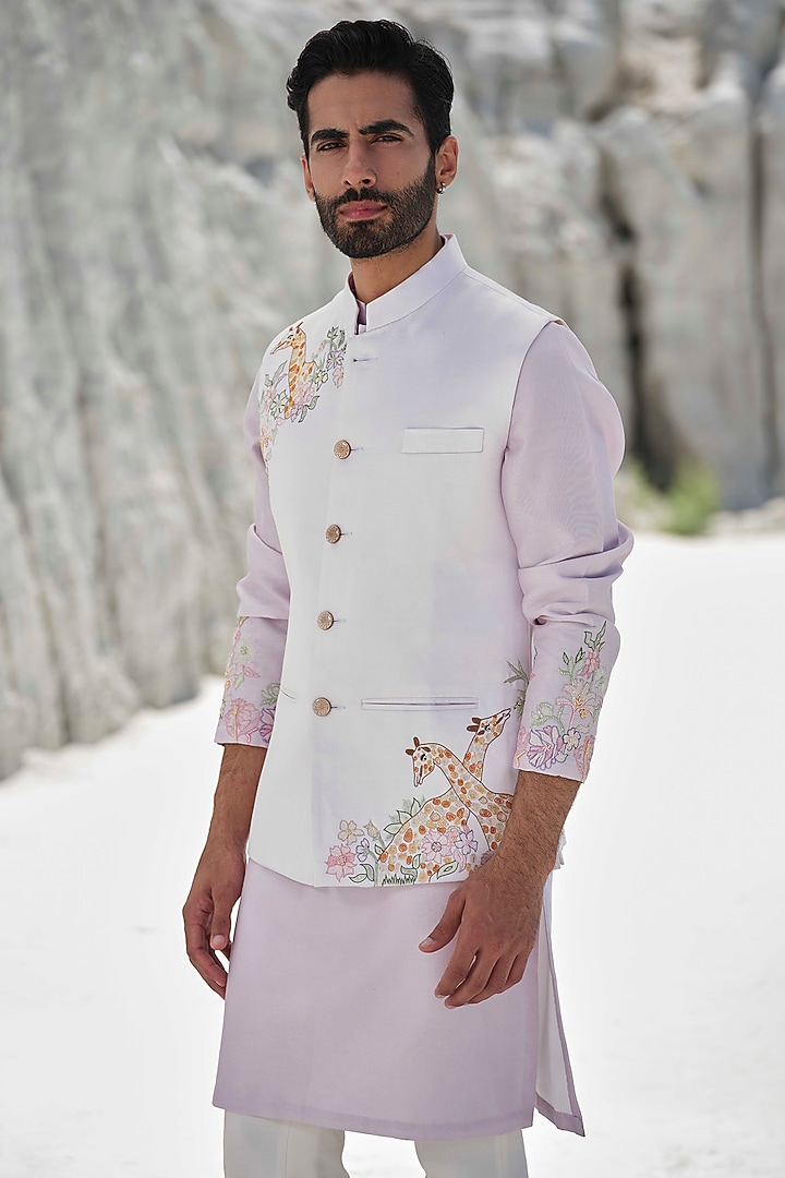 Ivory Modal Bead Embroidered Bundi Jacket Set by Amrit Dawani at Pernia's Pop Up Shop