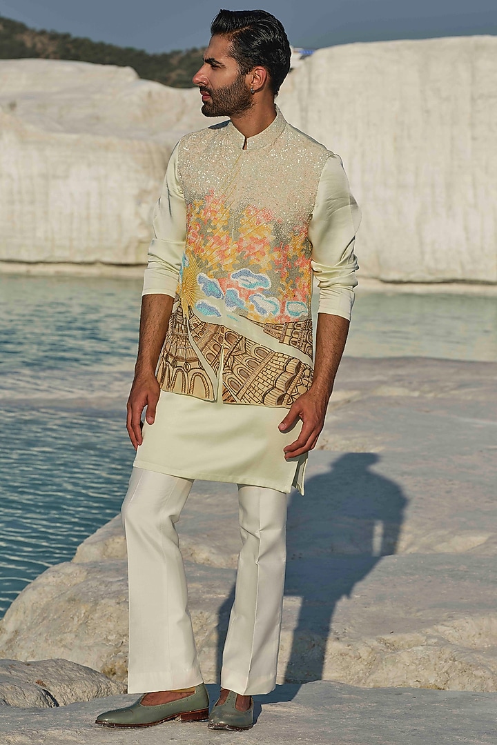 Light Green Modal Silk Handpainted & Embellished Bundi Jacket Set by Amrit Dawani at Pernia's Pop Up Shop