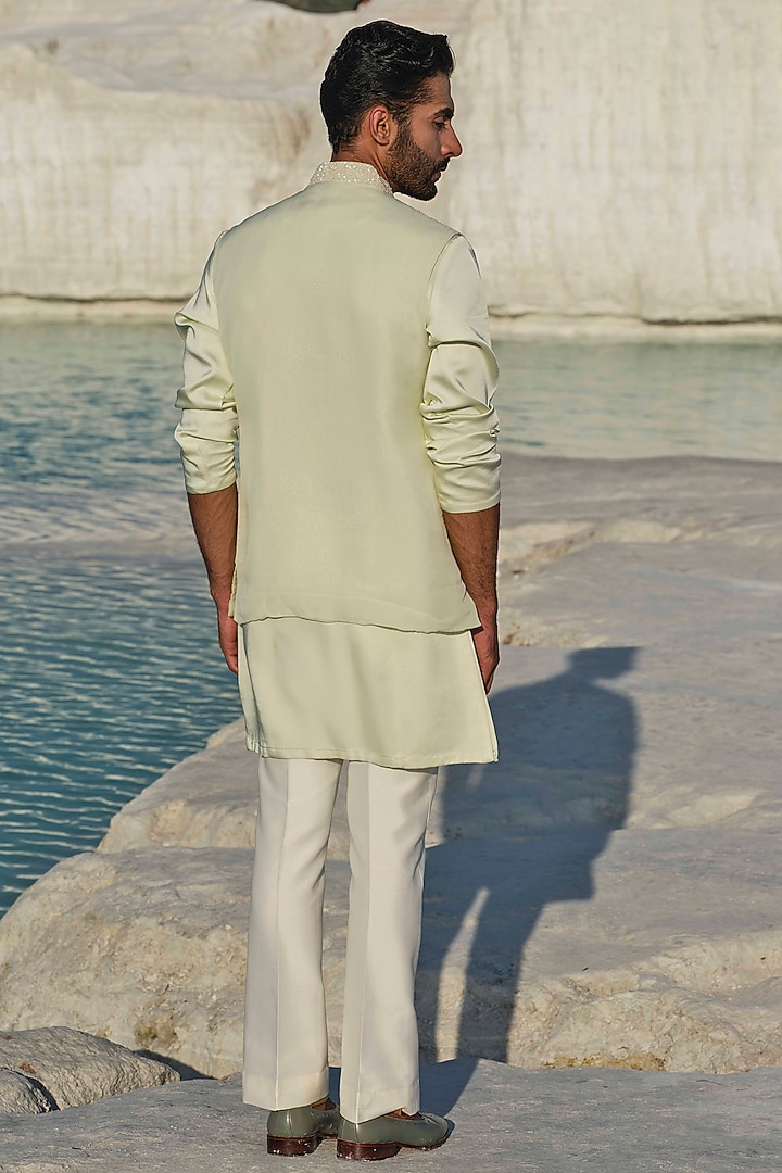 Light Green Modal Silk Handpainted & Embellished Bundi Jacket Set by Amrit Dawani at Pernia's Pop Up Shop