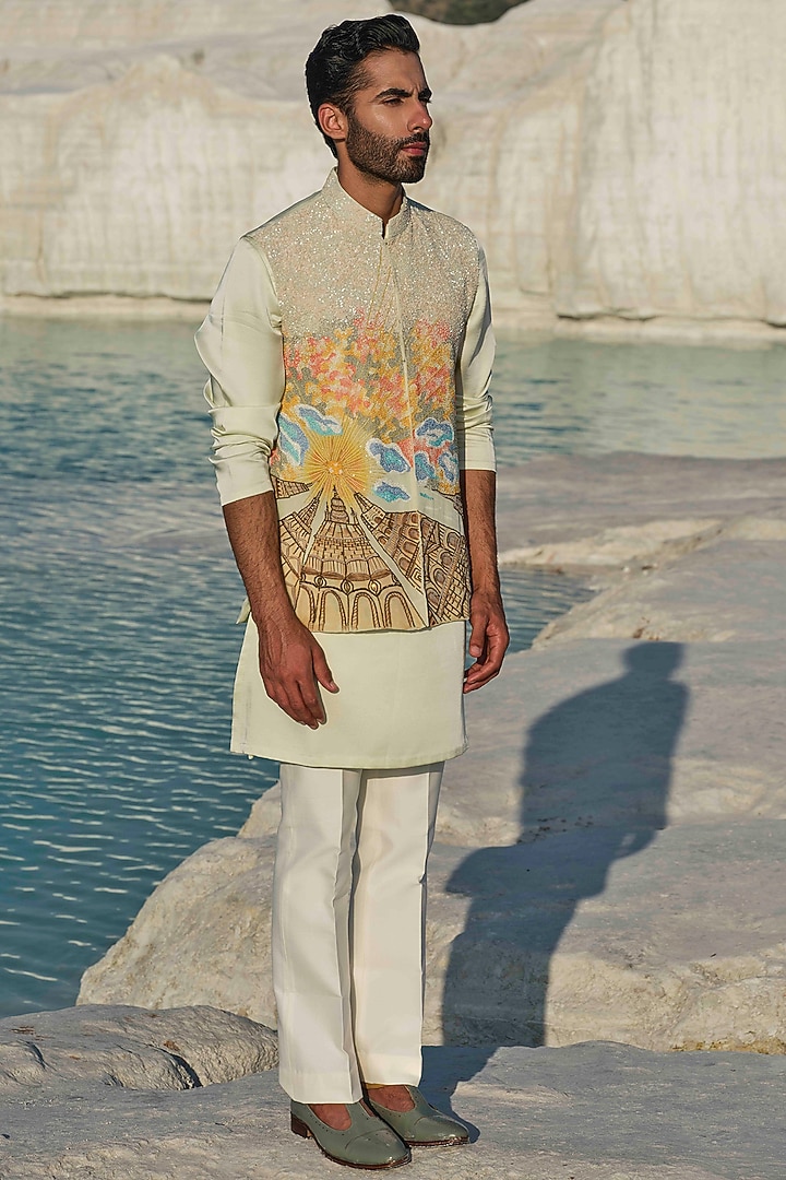 Light Green Modal Silk Handpainted & Embellished Bundi Jacket Set by Amrit Dawani at Pernia's Pop Up Shop