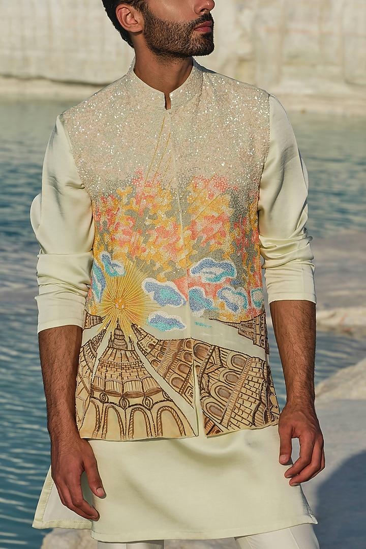 Light Green Modal Silk Handpainted & Embellished Bundi Jacket Set by Amrit Dawani at Pernia's Pop Up Shop