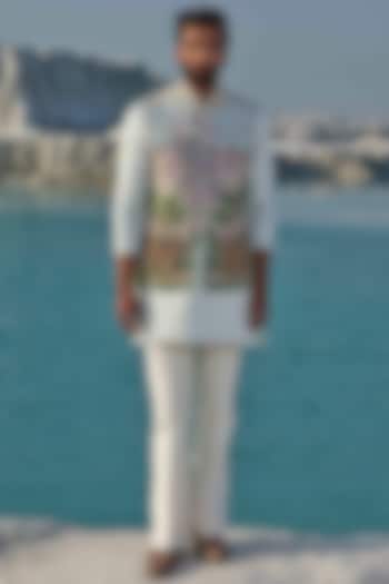 Light Sea Green Organza Handpainted & Hand Embroidered Bundi Jacket Set by Amrit Dawani at Pernia's Pop Up Shop