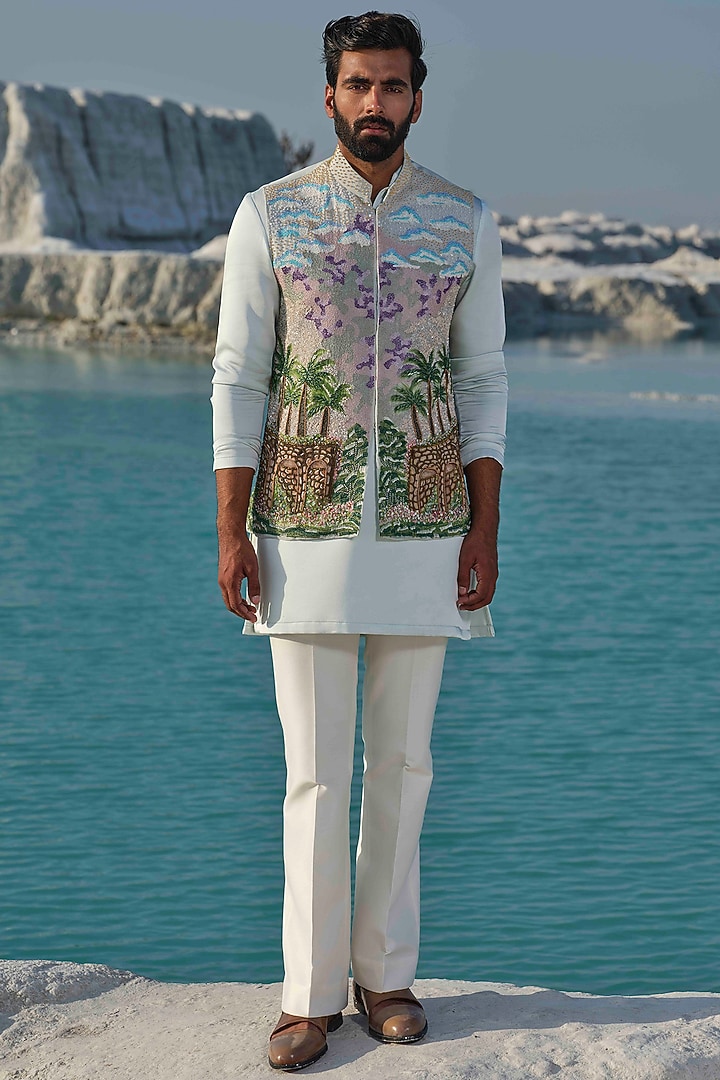 Light Sea Green Organza Handpainted & Hand Embroidered Bundi Jacket Set by Amrit Dawani at Pernia's Pop Up Shop