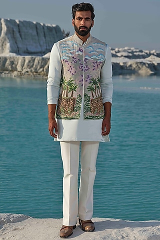 Light Sea Green Organza Handpainted & Hand Embroidered Bundi Jacket Set by Amrit Dawani