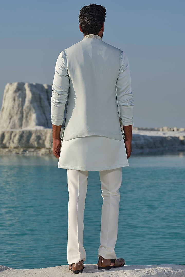 Light Sea Green Organza Handpainted & Hand Embroidered Bundi Jacket Set by Amrit Dawani at Pernia's Pop Up Shop