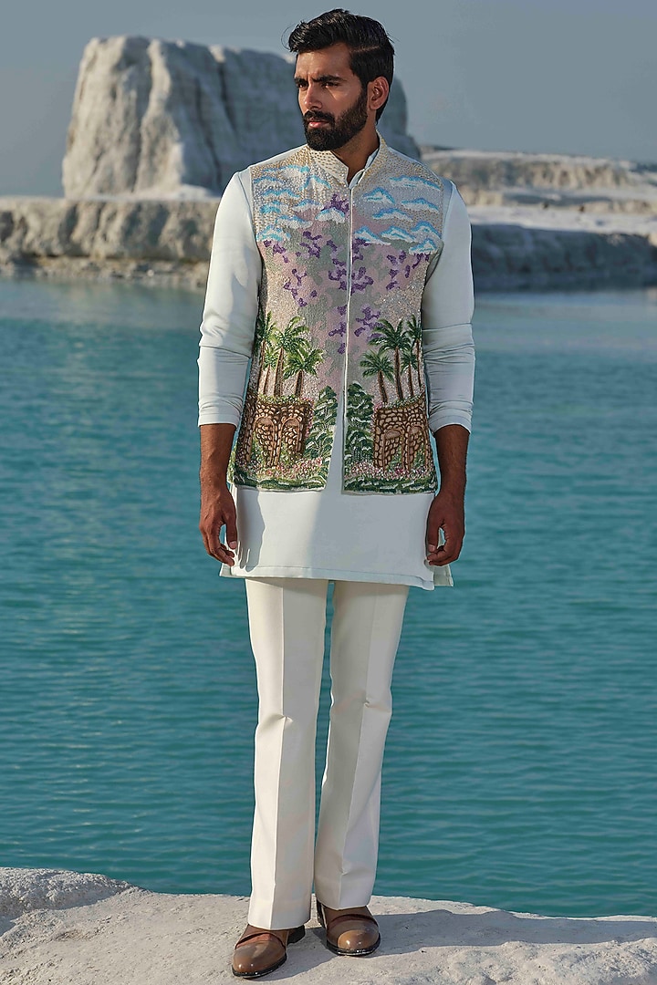 Light Sea Green Organza Handpainted & Hand Embroidered Bundi Jacket Set by Amrit Dawani at Pernia's Pop Up Shop
