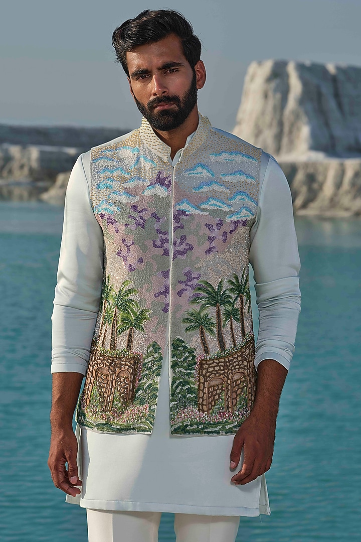 Light Sea Green Organza Handpainted & Hand Embroidered Bundi Jacket Set by Amrit Dawani at Pernia's Pop Up Shop