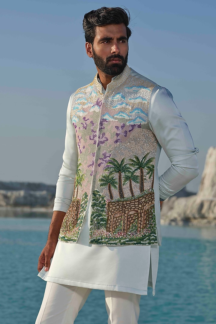 Light Sea Green Organza Handpainted & Hand Embroidered Bundi Jacket Set by Amrit Dawani at Pernia's Pop Up Shop