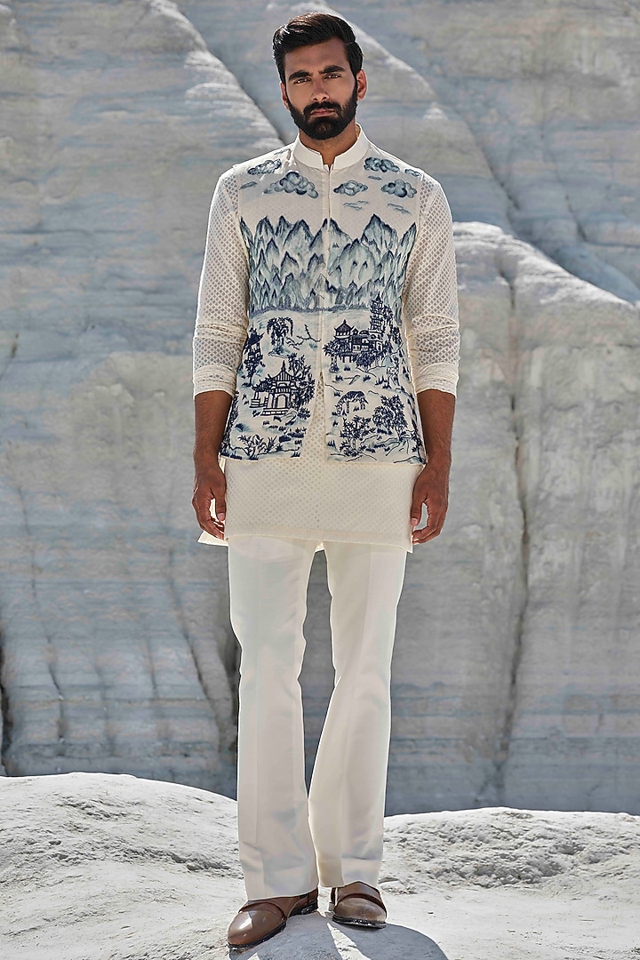 Ivory Organza Handpainted & Hand Embroidered Bundi Jacket Set by Amrit Dawani at Pernia's Pop Up Shop