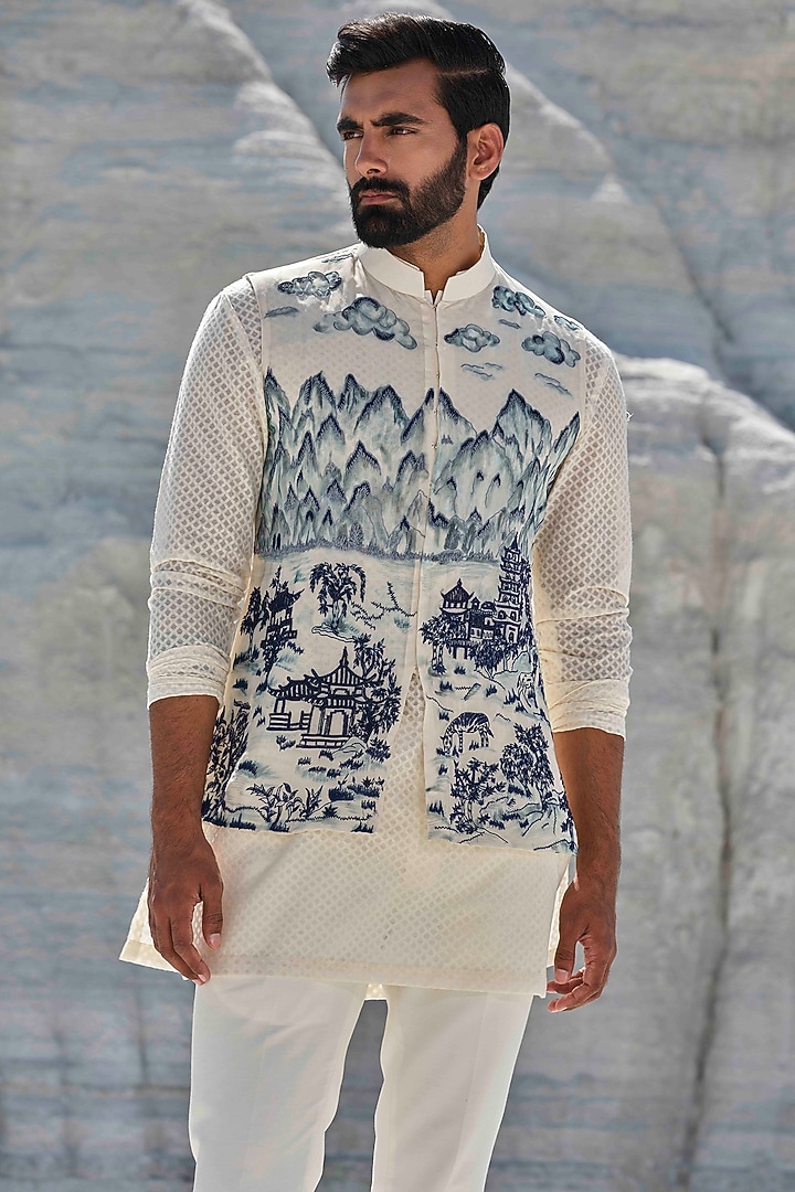 Ivory Organza Handpainted & Hand Embroidered Bundi Jacket Set by Amrit Dawani at Pernia's Pop Up Shop