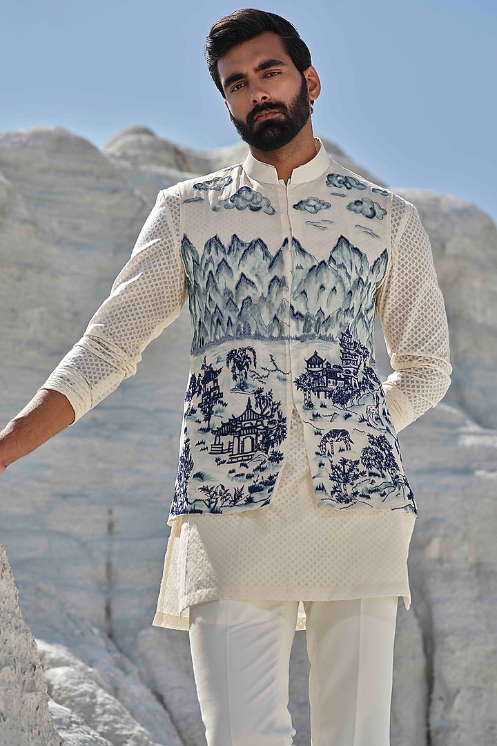 Ivory Organza Handpainted & Hand Embroidered Bundi Jacket Set by Amrit Dawani at Pernia's Pop Up Shop