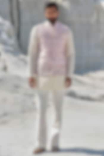 Rose Gold Raw Silk Hand Painted Bundi Jacket Set by Amrit Dawani at Pernia's Pop Up Shop