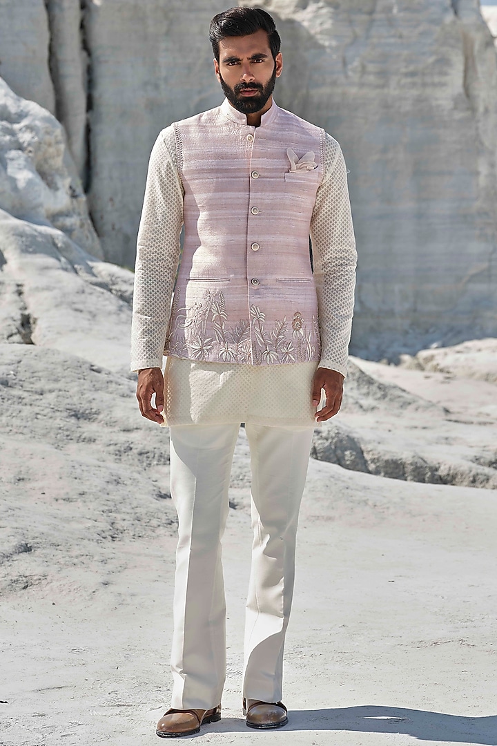 Rose Gold Raw Silk Hand Painted Bundi Jacket Set by Amrit Dawani at Pernia's Pop Up Shop