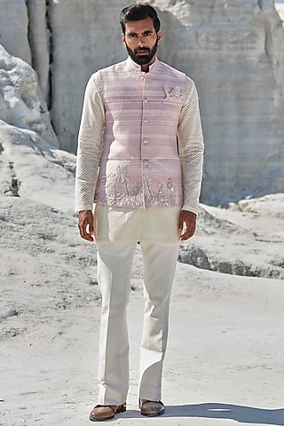 Rose Gold Raw Silk Hand Painted Bundi Jacket Set by Amrit Dawani