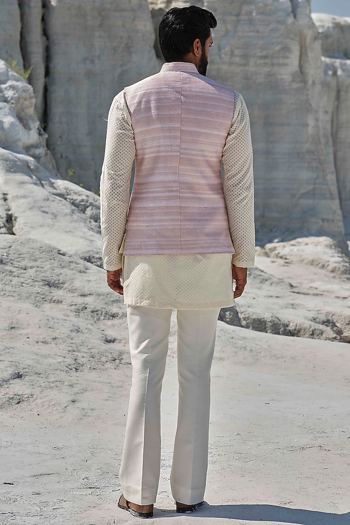 Rose Gold Raw Silk Hand Painted Bundi Jacket Set by Amrit Dawani at Pernia's Pop Up Shop