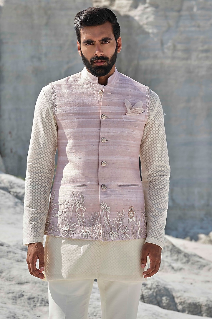 Rose Gold Raw Silk Hand Painted Bundi Jacket Set by Amrit Dawani at Pernia's Pop Up Shop