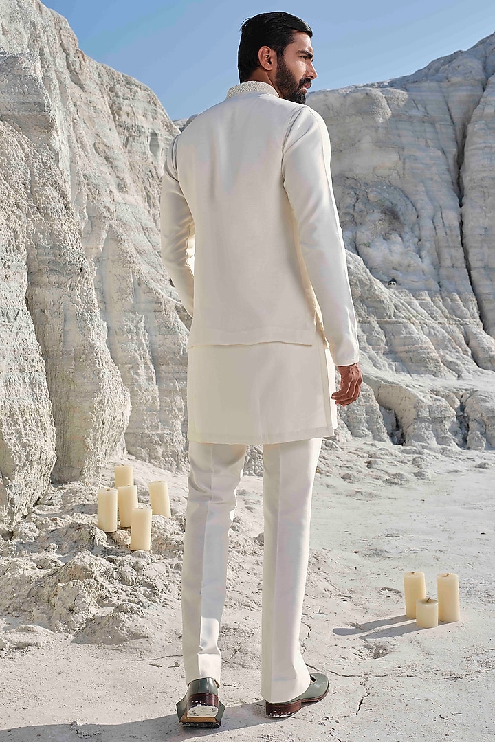 Ivory Organza Embroidered Bundi Jacket Set by Amrit Dawani at Pernia's Pop Up Shop