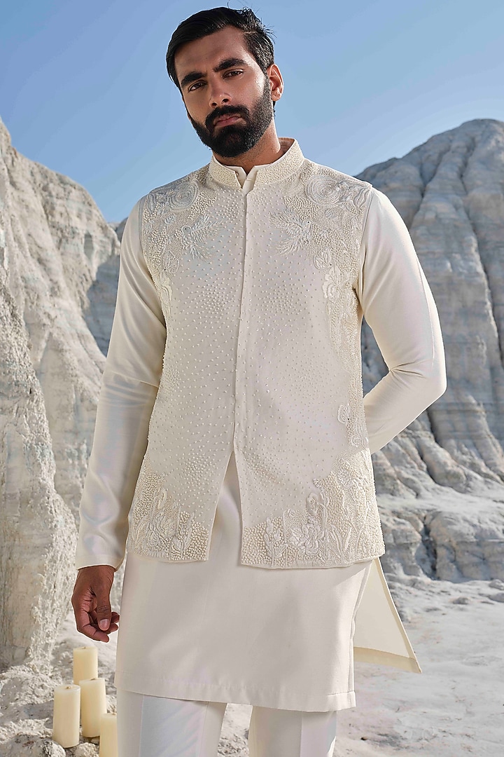 Ivory Organza Embroidered Bundi Jacket Set by Amrit Dawani at Pernia's Pop Up Shop