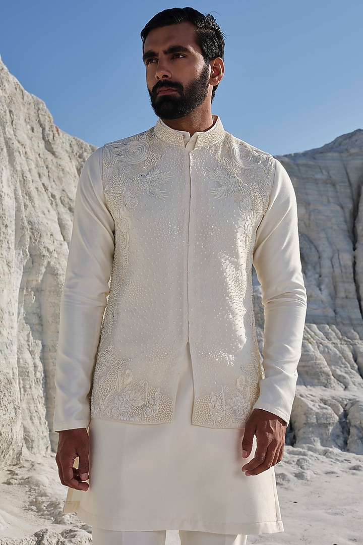 Ivory Organza Embroidered Bundi Jacket Set by Amrit Dawani at Pernia's Pop Up Shop