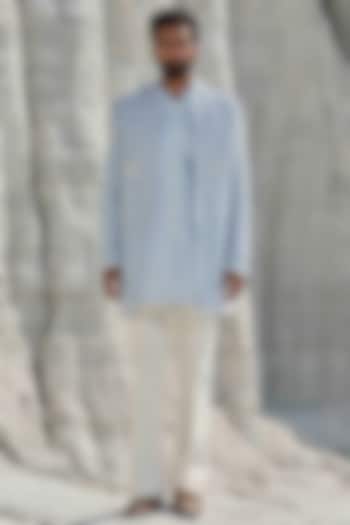 Powder Blue Modal Silk Hand Embellished Groom Indowestern Set by Amrit Dawani at Pernia's Pop Up Shop