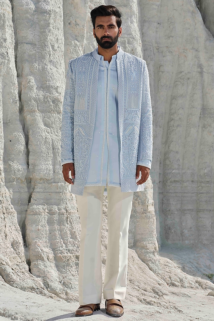 Powder Blue Modal Silk Hand Embellished Groom Indowestern Set by Amrit Dawani at Pernia's Pop Up Shop