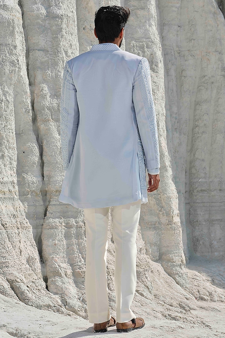 Powder Blue Modal Silk Hand Embellished Groom Indowestern Set by Amrit Dawani at Pernia's Pop Up Shop