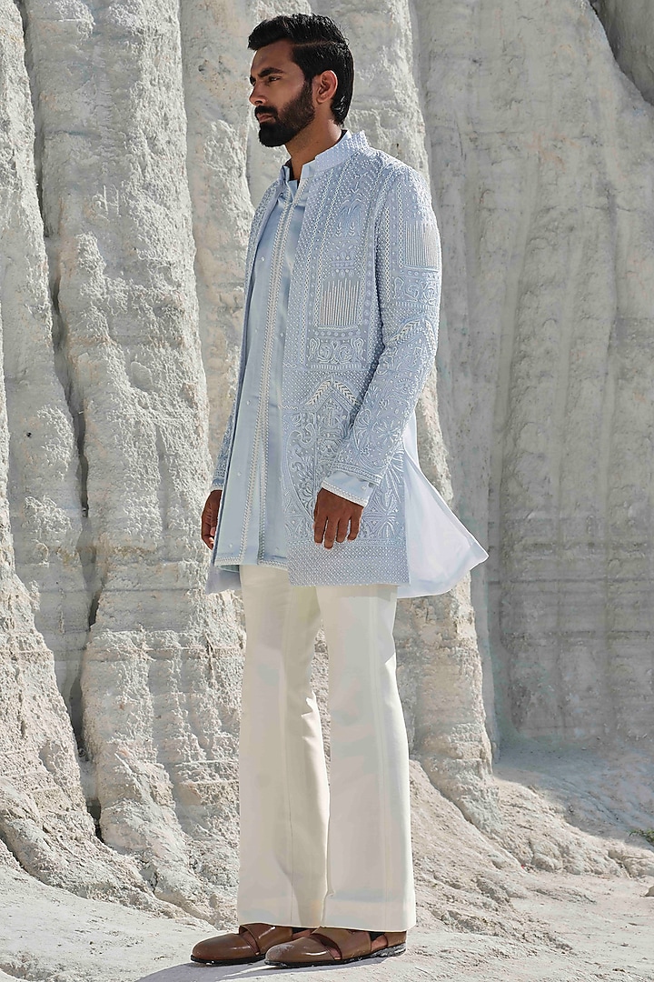 Powder Blue Modal Silk Hand Embellished Groom Indowestern Set by Amrit Dawani at Pernia's Pop Up Shop