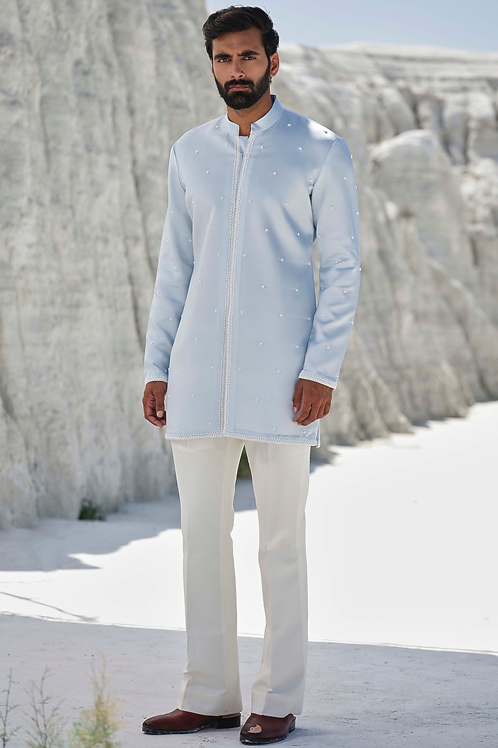 Powder Blue Modal Silk Hand Embellished Groom Indowestern Set by Amrit Dawani at Pernia's Pop Up Shop