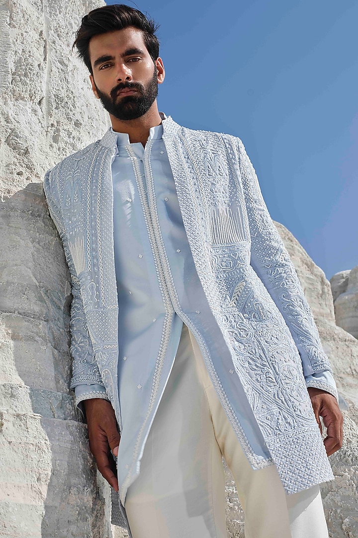 Powder Blue Modal Silk Hand Embellished Groom Indowestern Set by Amrit Dawani at Pernia's Pop Up Shop