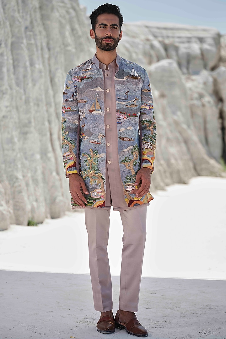 Dusty Purple Organza Threadwork Groom Indowestern Set by Amrit Dawani at Pernia's Pop Up Shop