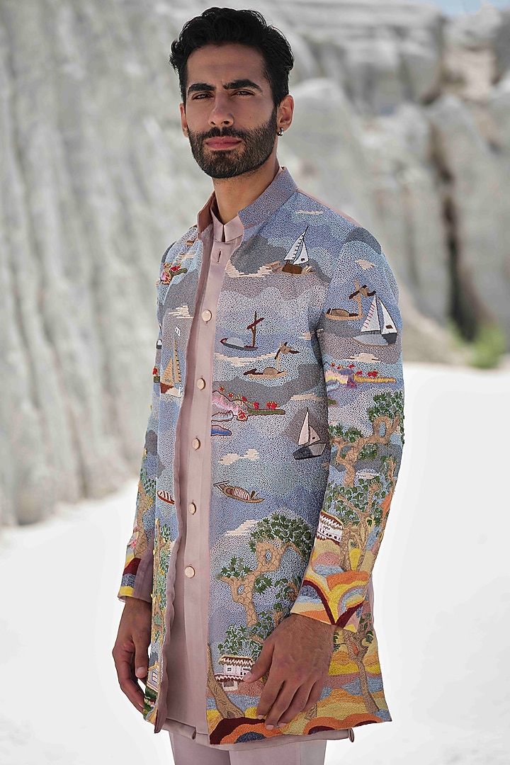 Dusty Purple Organza Threadwork Groom Indowestern Set by Amrit Dawani at Pernia's Pop Up Shop