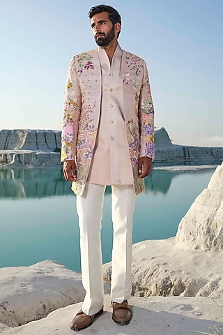 Rose Gold Raw Silk Bead Embroidered Indowestern Jacket Set by Amrit Dawani