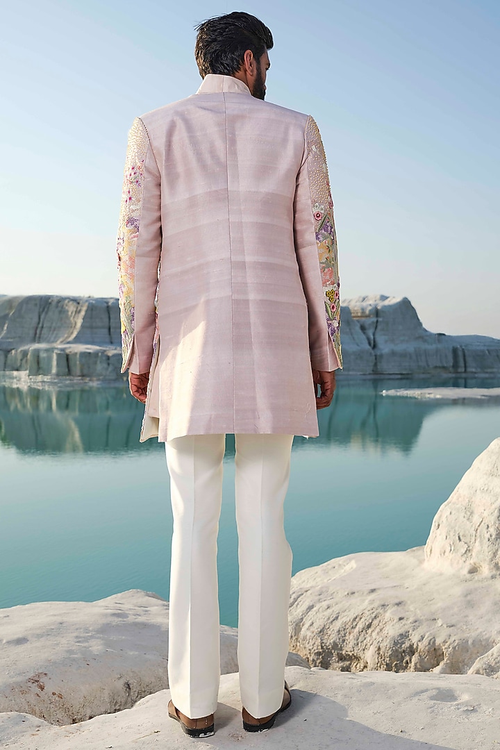 Rose Gold Raw Silk Bead Embroidered Groom Indowestern Jacket Set by Amrit Dawani at Pernia's Pop Up Shop