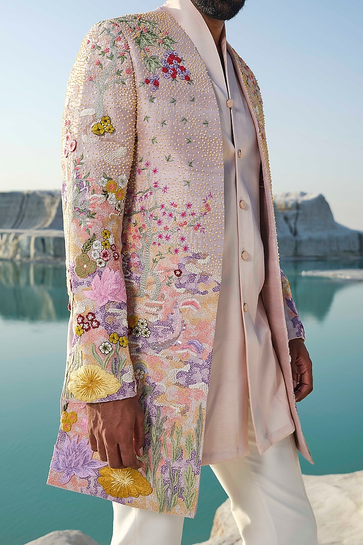 Rose Gold Raw Silk Bead Embroidered Groom Indowestern Jacket Set by Amrit Dawani at Pernia's Pop Up Shop