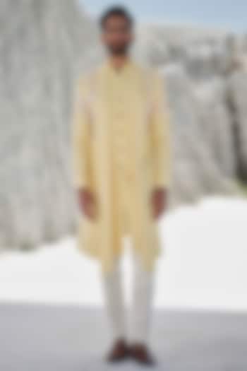 Bright Yellow Modal Silk Beaded Embroidered Wedding Indowestern Set by Amrit Dawani at Pernia's Pop Up Shop