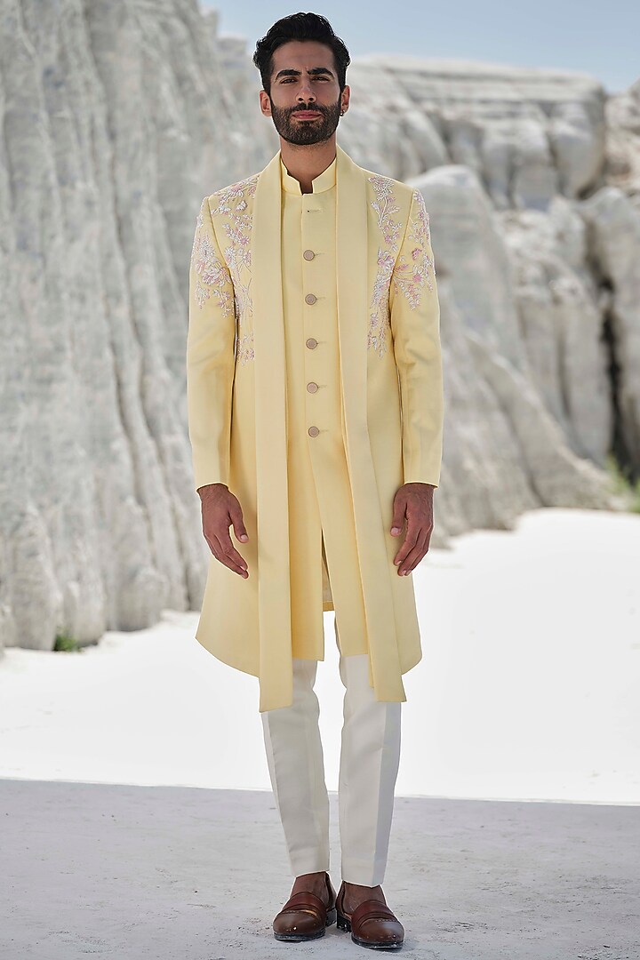 Bright Yellow Modal Silk Beaded Embroidered Wedding Indowestern Set by Amrit Dawani at Pernia's Pop Up Shop