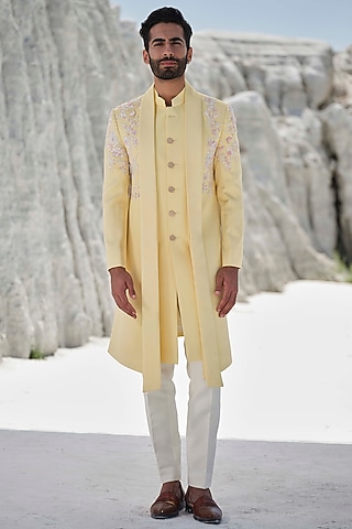 Bright Yellow Modal Silk Beaded Embroidered Indowestern Set by Amrit Dawani