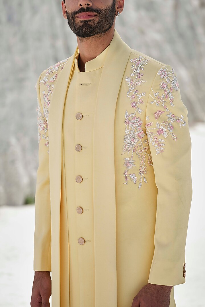 Bright Yellow Modal Silk Beaded Embroidered Wedding Indowestern Set by Amrit Dawani at Pernia's Pop Up Shop