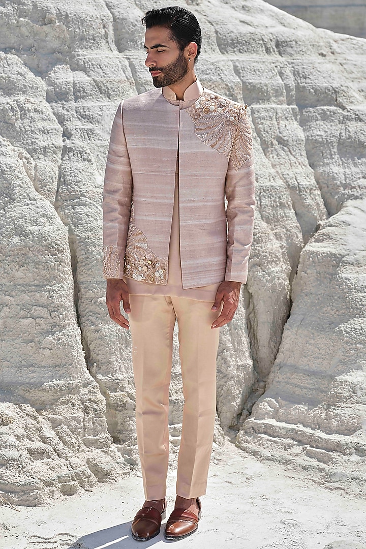 Rose Gold Raw Silk Sequins Embroidered Jacket Set by Amrit Dawani at Pernia's Pop Up Shop