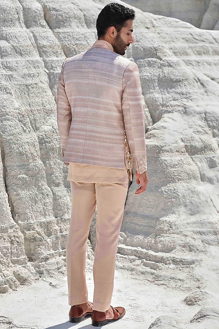 Rose Gold Raw Silk Sequins Embroidered Jacket Set by Amrit Dawani at Pernia's Pop Up Shop