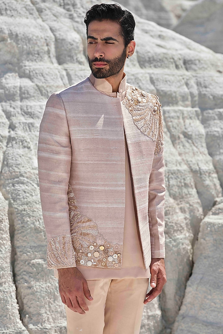 Rose Gold Raw Silk Sequins Embroidered Jacket Set by Amrit Dawani at Pernia's Pop Up Shop
