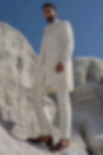 Ivory Modal Silk Embroidered Groom Indowestern Set by Amrit Dawani at Pernia's Pop Up Shop