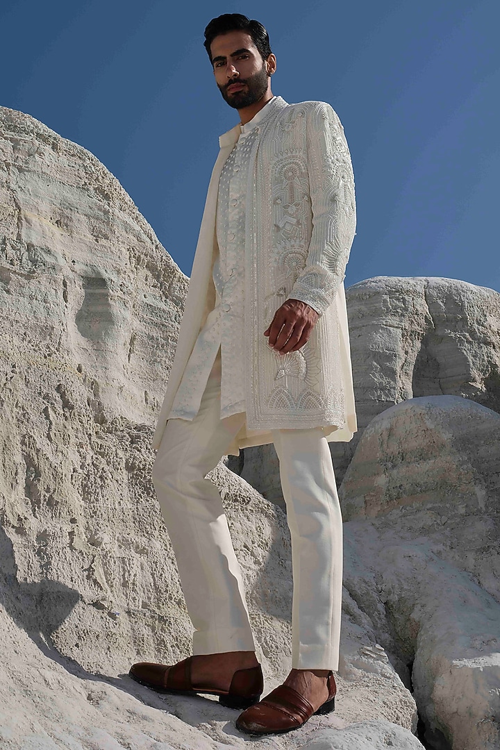 Ivory Modal Silk Embroidered Groom Indowestern Set by Amrit Dawani at Pernia's Pop Up Shop