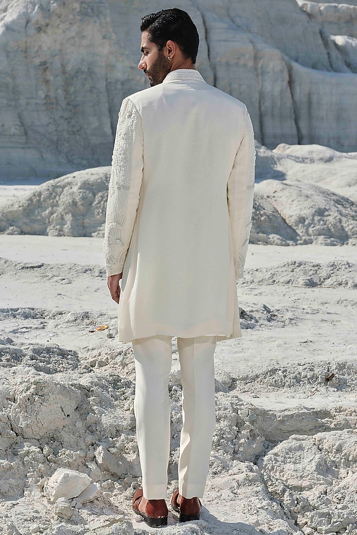 Ivory Modal Silk Embroidered Groom Indowestern Set by Amrit Dawani at Pernia's Pop Up Shop