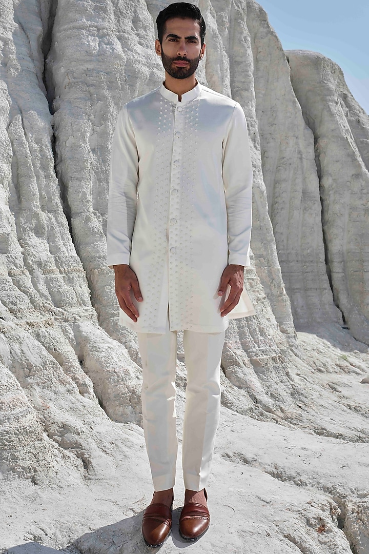 Ivory Modal Silk Embroidered Groom Indowestern Set by Amrit Dawani at Pernia's Pop Up Shop