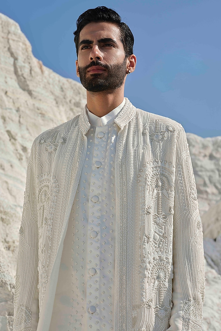 Ivory Modal Silk Embroidered Groom Indowestern Set by Amrit Dawani at Pernia's Pop Up Shop