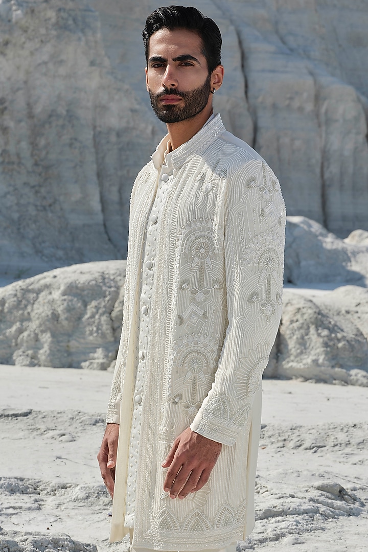 Ivory Modal Silk Embroidered Groom Indowestern Set by Amrit Dawani at Pernia's Pop Up Shop