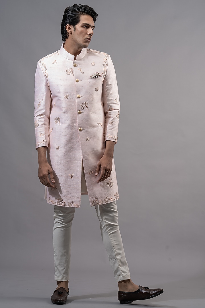 Rose Gold Hand Embellished Wedding Sherwani Set by Amrit Dawani at Pernia's Pop Up Shop